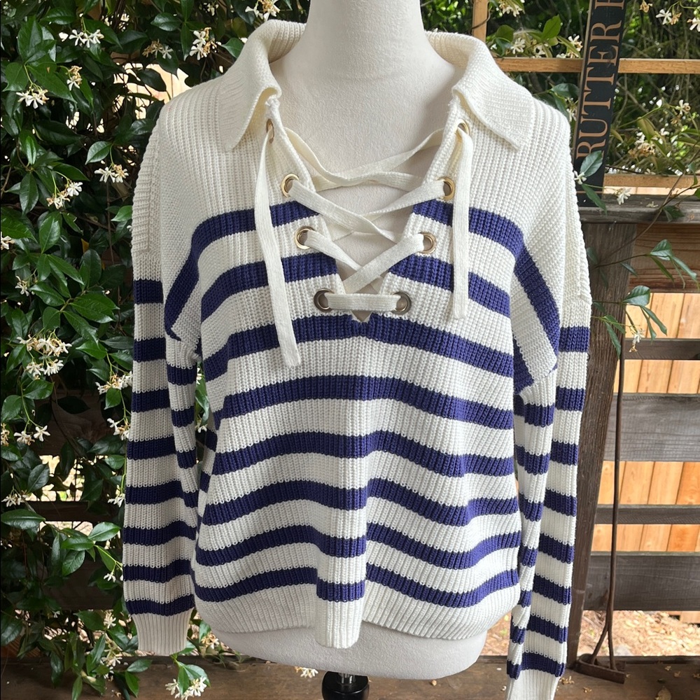 LOFT White and Blue V-Neck Striped Sweater